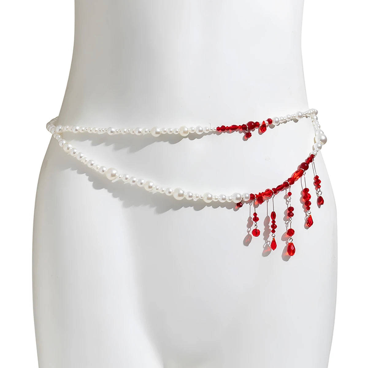 Salircon Punk Imitation Pearl Double Layer Waist Chain Gothic Red Crystal Bead Pendant Belly Chain Women Sexy Trend Body Jewelry