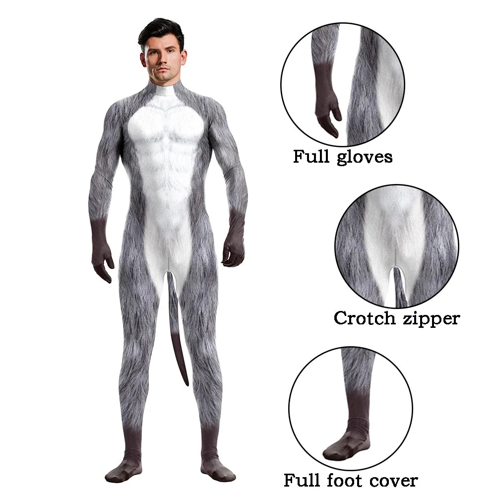 Halloween Cosplay Costume Male Adult Full Cover Elastic Zentai Pet Suit Jumpsuit Print Catsuit Bodysuits with Tail Purim Clothes