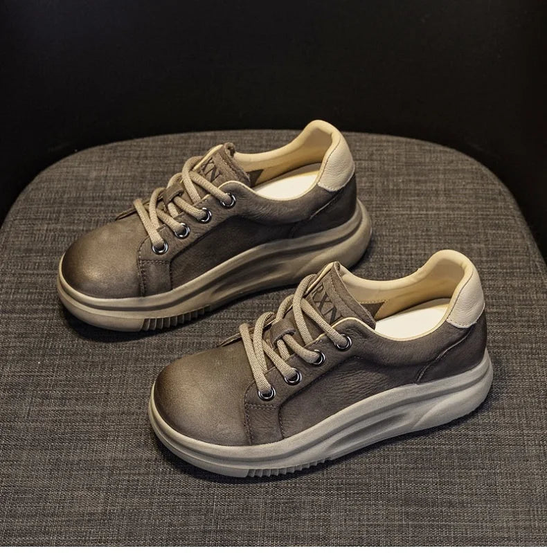 DRKANOL Spring Genuine Leather Casual Sneakers Women Thick Bottom Platform Lightweight Single Shoes Ladies Wedges Heel Shoes