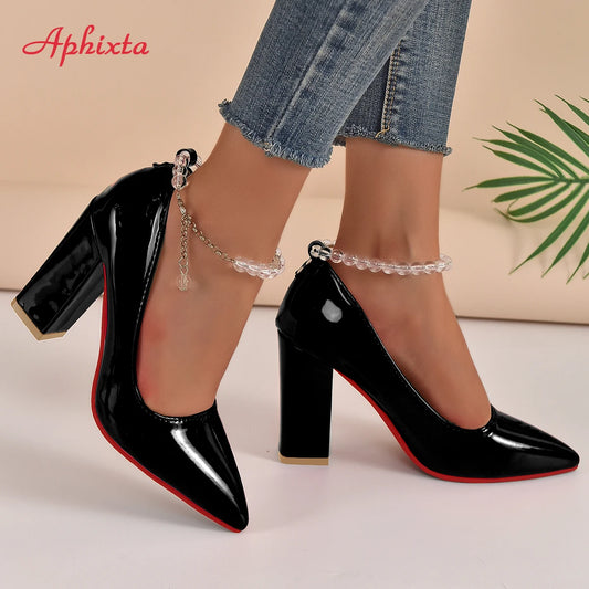Aphixta Crystal Glass Ball 3.94inch High Square Heels Pumps Women Transparent String Bead Chain Strap Shoes Big Size 50 53