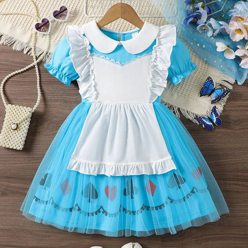 Halloween Lolita Dress Blue And White Poker Elements Princess Dress Bow Apron Baby Girls Dress Birthday Party Cosplay Costume