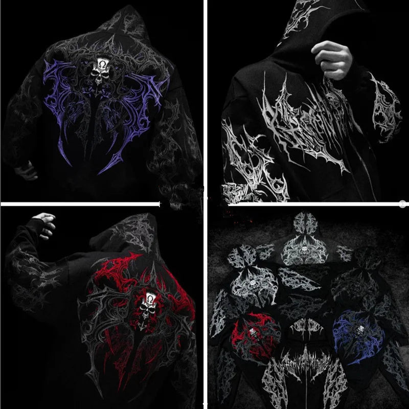Men Gothic Skull Thorn Graphic Full Zip Up Hoodie Fleece Lined Long Sleeve Winter Punk Goth Streetwear Oversized Sweatshirt