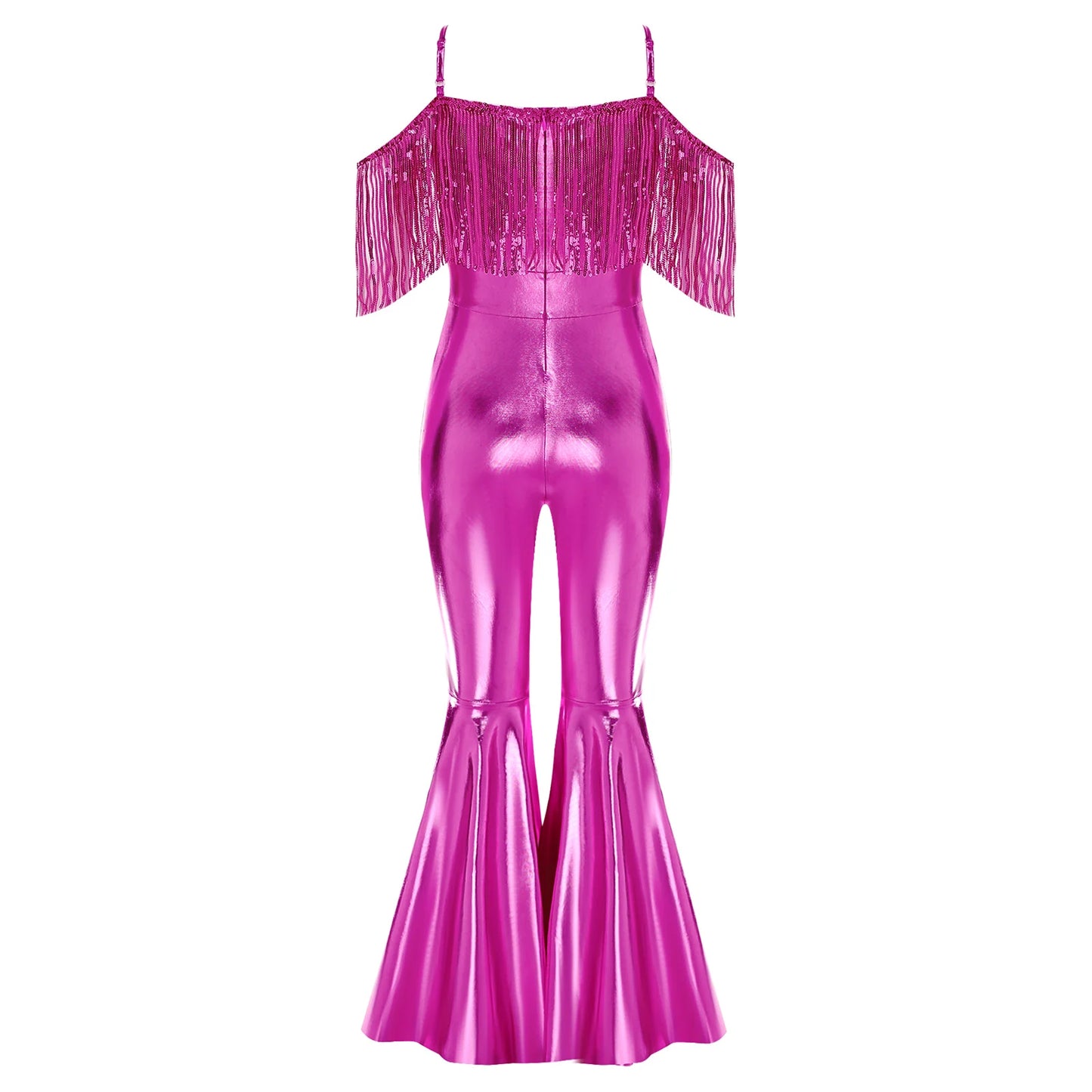 Halloween Kids Girls Hippie Costume Tassels Unitard Bell-bottom Long Pants Bodysuit Jumpsuit for Disco Dance 60s 70s Rave Party