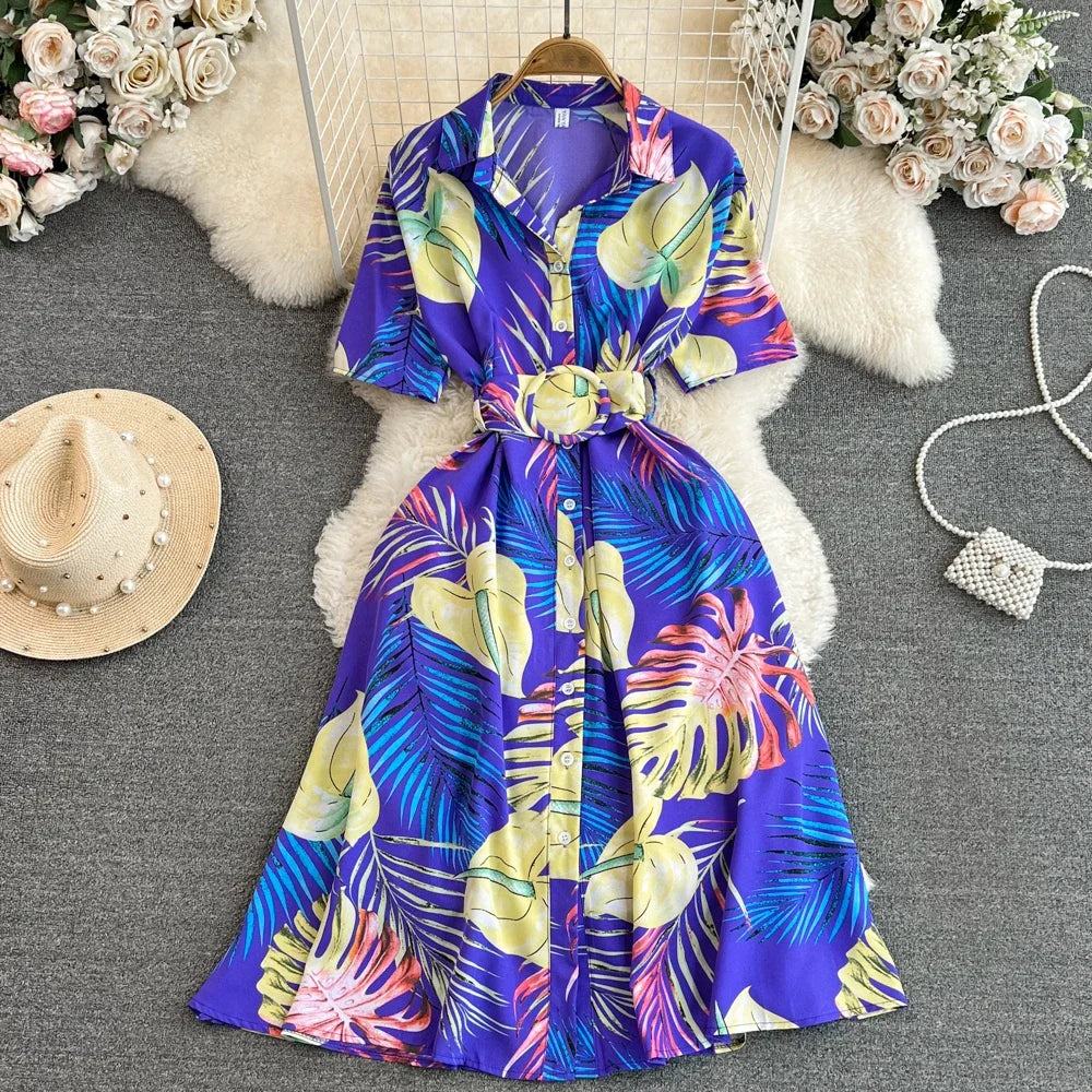 2024 New Summer Women Dress Fashion Print Floral A-line Shirt Dress with Belt Elegant Vintage Off Lady Dress Casual Vestidos