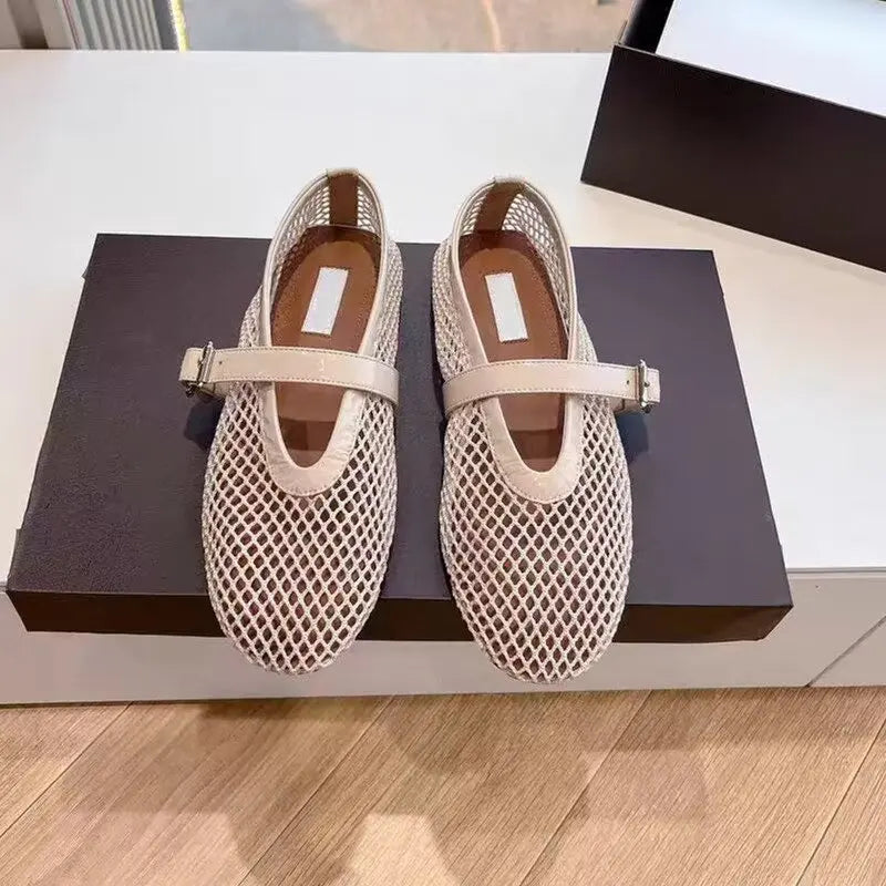 Designer brand original mesh buckle ballet sandals with women's hollow flat bottom Mary Jane mesh fishing net shoes