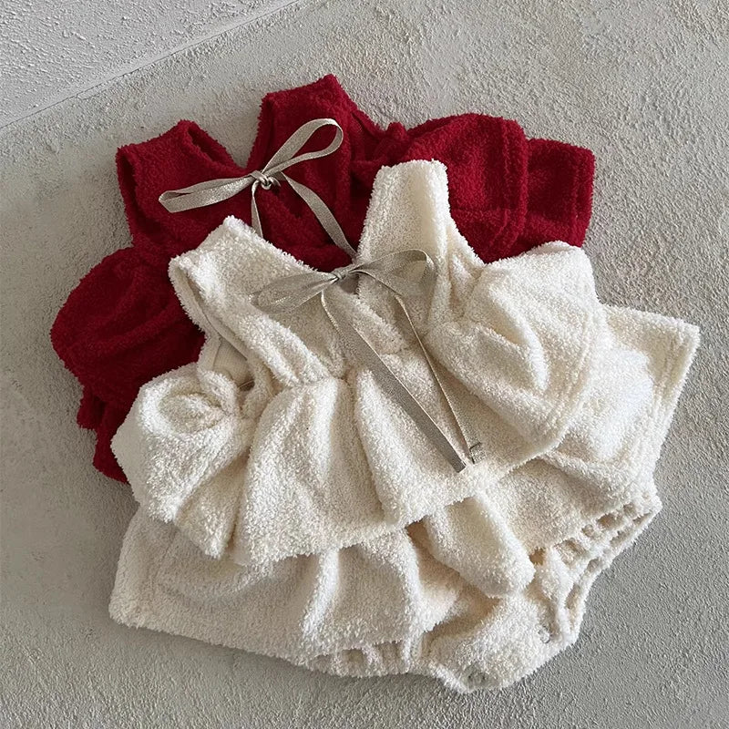 MILANCEL New Winter Baby Bodysuit 3-24M Solid Color Sweet  Infant Girls Pinafore Dress Cute Bow Thicken Loose Toddler Clothes