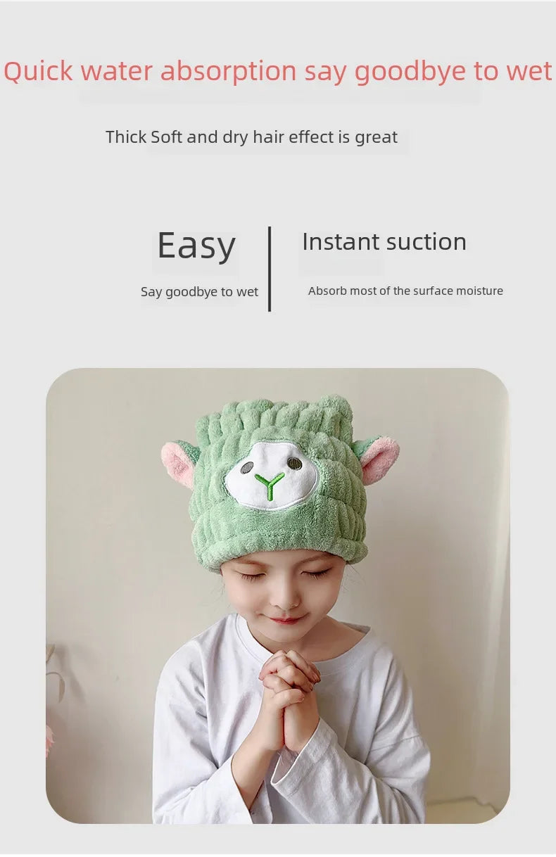 Coral Fleece Cartoon Kids Hair Drying Hat Animal Embroidered Shower Cap Absorbent Quick Dry Tape Cute Bathroom Accessory Soft