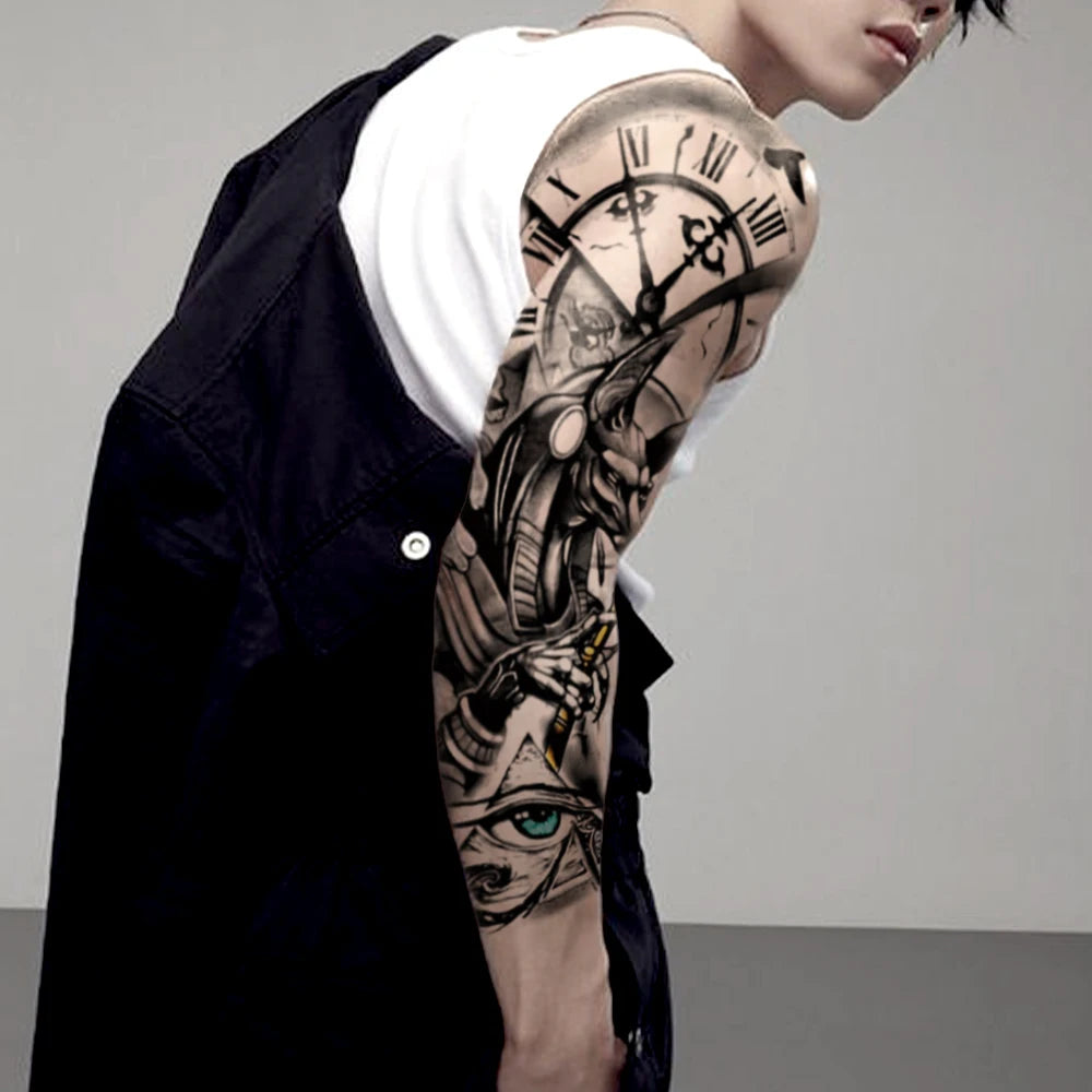 Large Full Arm Sleeve Waterproof Temporary Tattoo Sticker Anubis Ancient Egypt Greece Zeus Eye  Fake Tatoo Body Art Men Women