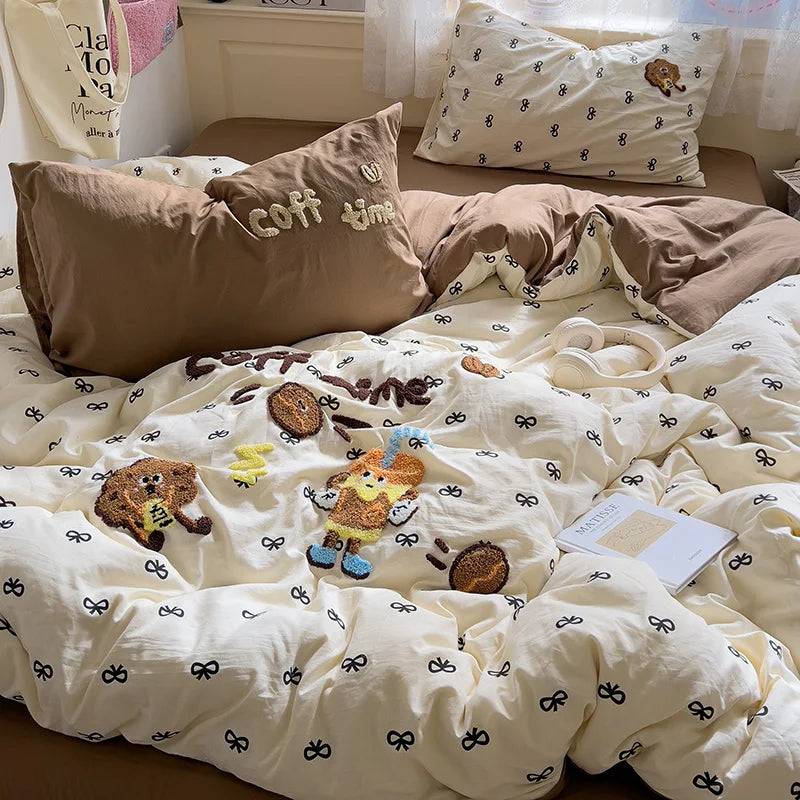 Cartoon Animal Embroidery Bedding Set For Adults Kids Cute Flat Fitted Sheet With Pillowcases Washed Cotton Colorful Full Size