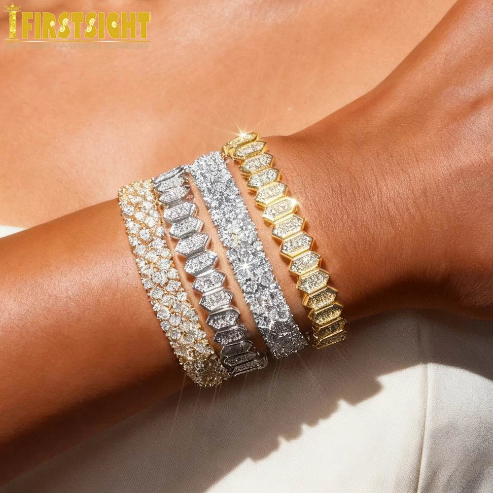 New Iced Out Bling CZ Geometric Stretchy Stretch Double Tennis Chain Bracelet Adjusted Size Bangle For Women Fashion Jewelry