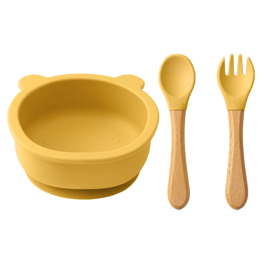 Mamaplan Baby Silicone Tableware Wooden Handle Spoon Fork Feeding Sucker Bowl Training Learning Baby Stuff  Baby Dinner Set