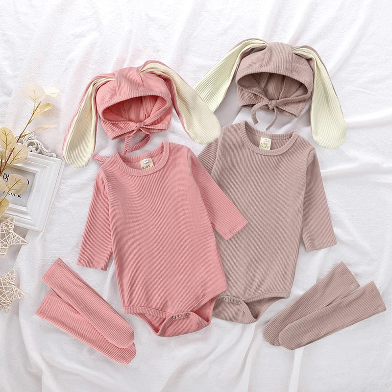 2024 Baby Rabbit Easter Romper Ear Hat Bodysuit Socks Solid Cotton Jumpsuit 0-24M Korean Cute Toddler Boy Girl Outfits Clothes