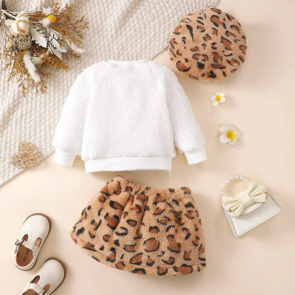 Winter 3PCS Baby Girl Clothes Sets Long Sleeved Plush Cute Top+Leopard Print Skirt+Hat Fashion Outfits for 0-3Years Toddler Girl