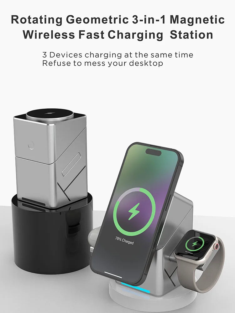 Rotating Qi2 3in1 15w Magnetic Wireless Charger Stand For iPhone 16 15 14 13 12 Max  iWatch Airpods Fast Charging Dock