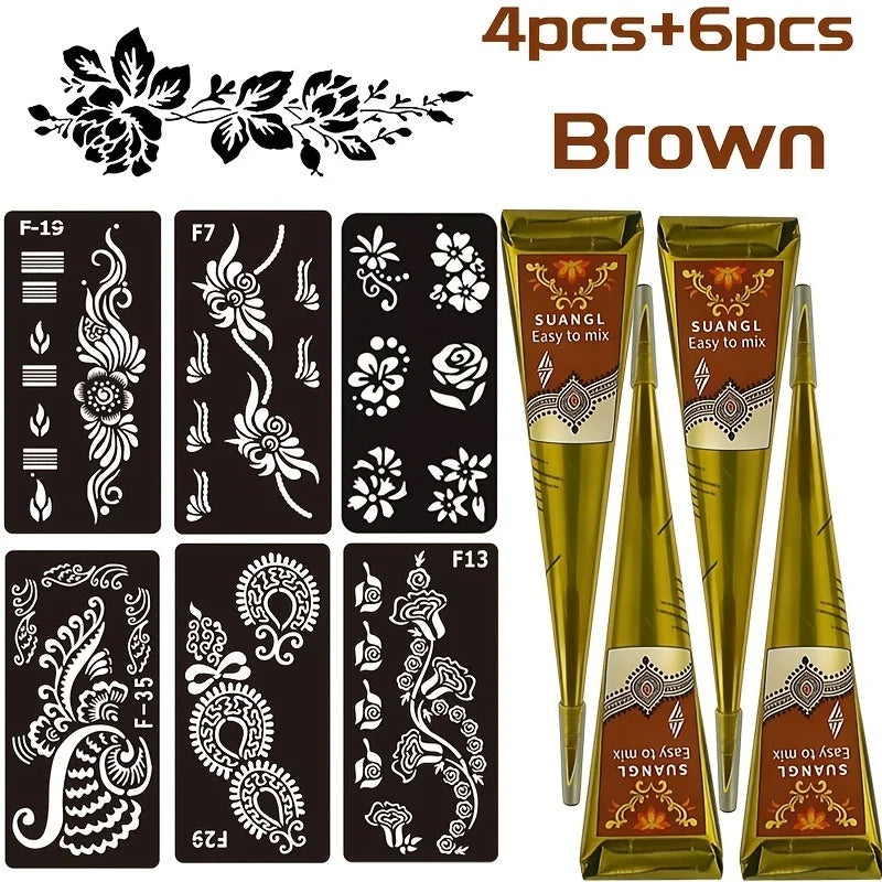 SUANGL Indian Henna Cones Brown Paste with Stencil Temporary Body Art Paint Kit for Hand Feet Drawing Red Black Henna Set