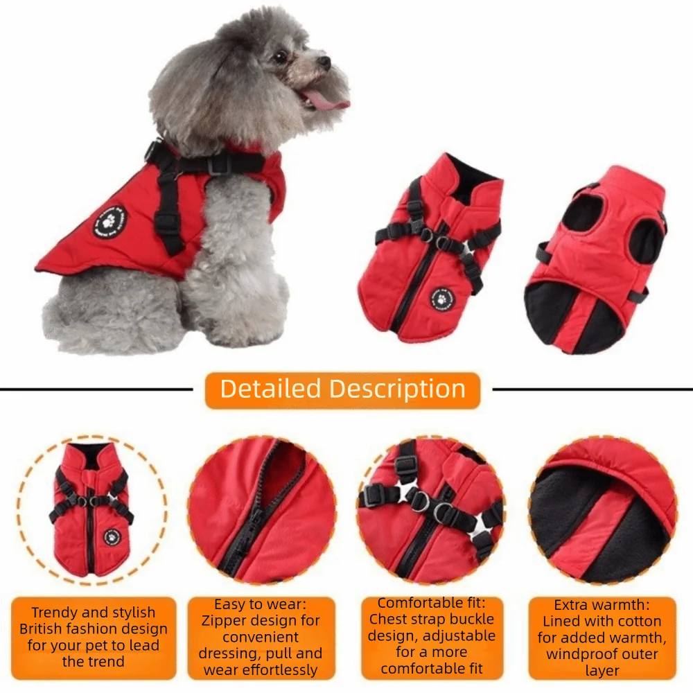 Waterproof Adjustable Dogs Down Clothes Thicken Warm Winter Dog Clothes Soft with Harness Dog Coat for Dogs Cats
