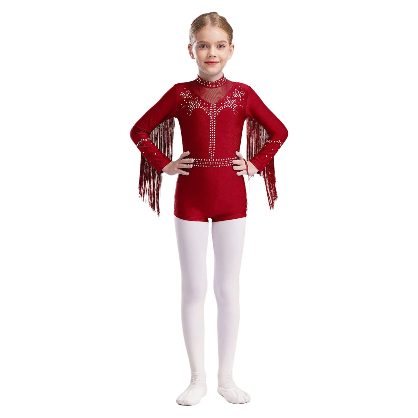 Girls Leotards Jumpsuit for Jazz Latin Skating Competition Costume Tassels Long Sleeve Rhinestones Bodysuit Modern Dancewear