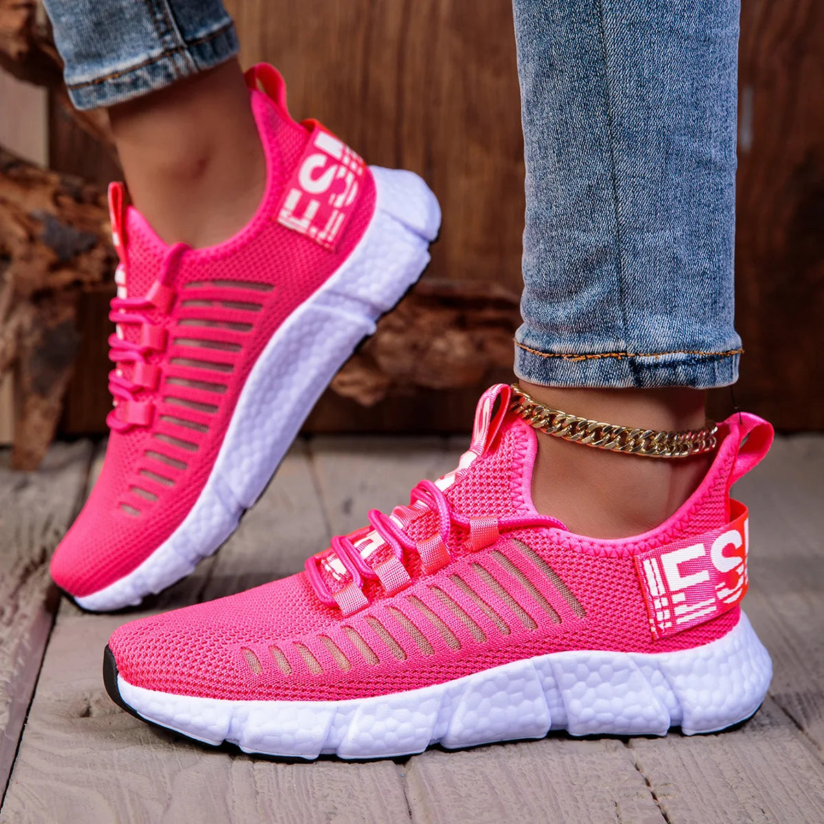 Women's Pink Casual Shoes Breathable Mesh Platform Sneakers Slip-on Flying Shoes Women Tennis Shoes Lightweight Female Shoes