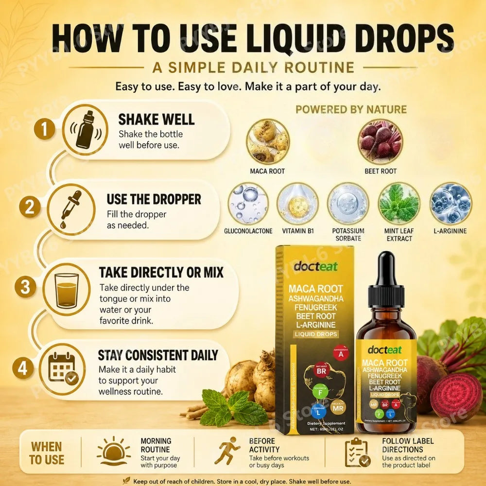 Maca Root Beet Root L-Arginine Liquid Drops Herbal Supplement for Men Energy Vitality Active Daily Wellness Support 60ml