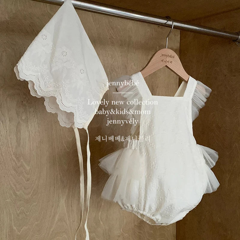 2024 New Summer Newborn Baby Girl Romper Flying Sleeve Cotton Mesh Splicing Toddler Baby Girl Jumpsuit 0-24M Baby Girl Clothing