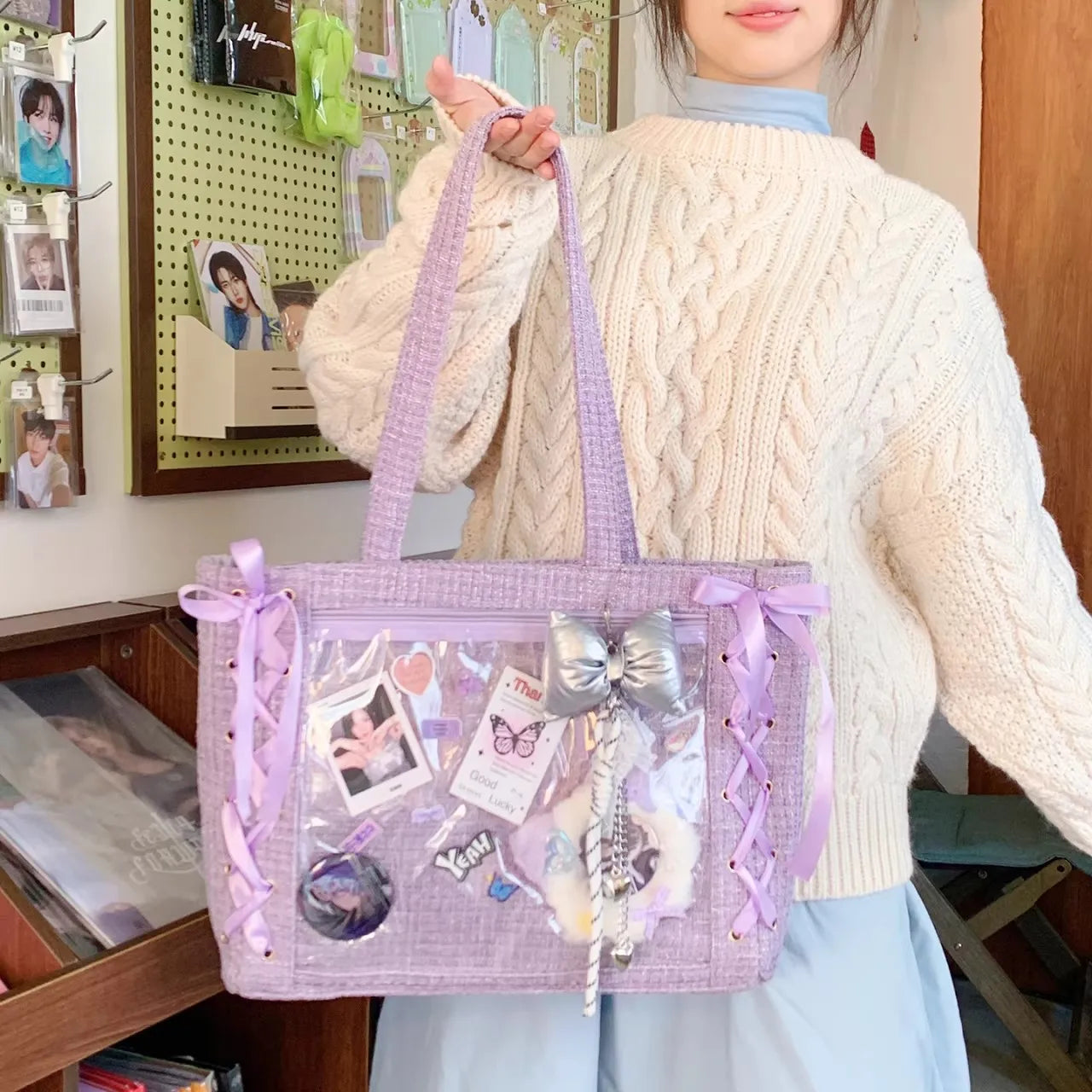 New Y2K Ribbon Bow Japanese Ita Shoulder Bag Cute Girl Transparent Pocket Large Capacity Crossbody Tote Bag DIY Display Handbags