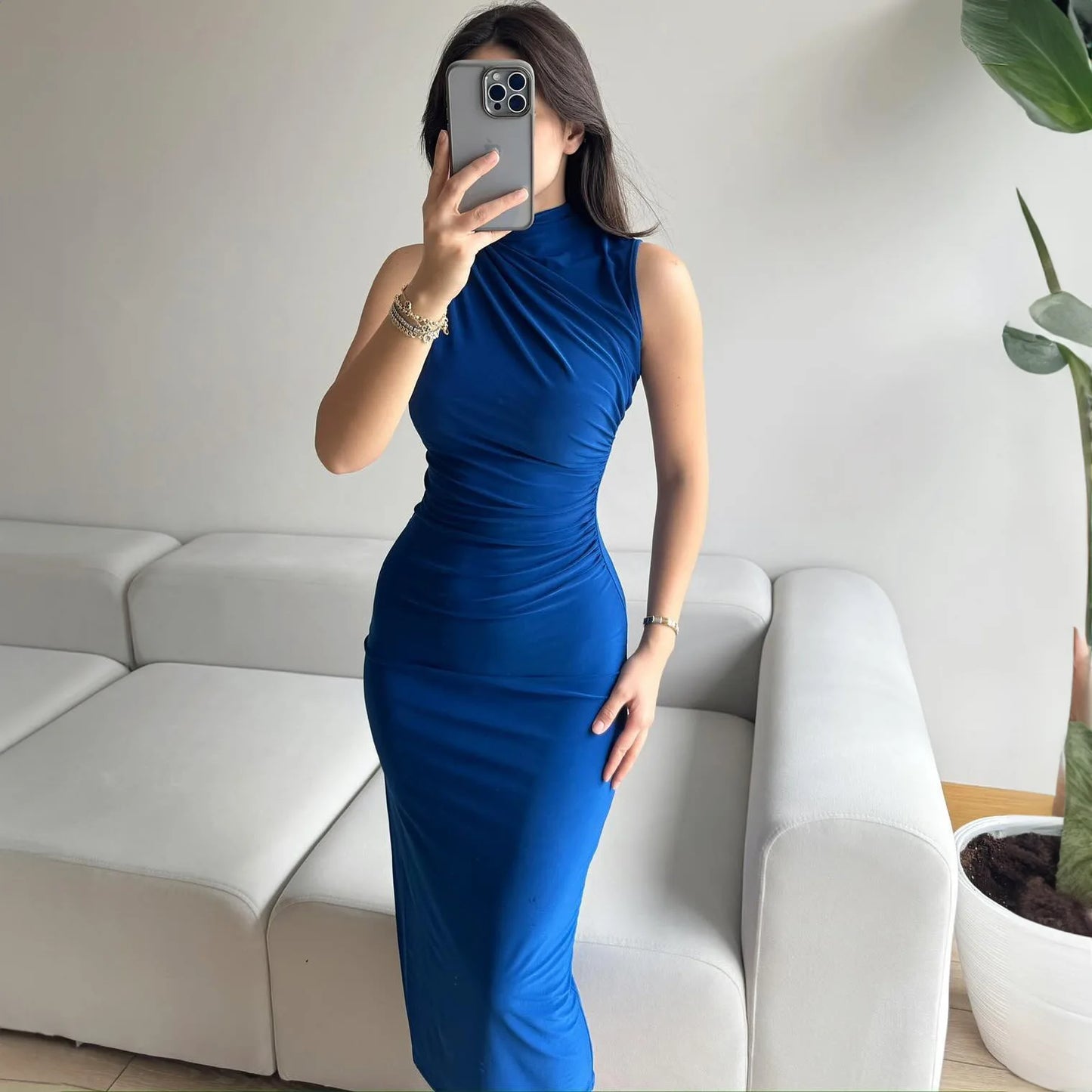 YUZHEXI elegant sleeveless ruched midi dress women commuter bodycon solid color robe black red pink split clothes summer