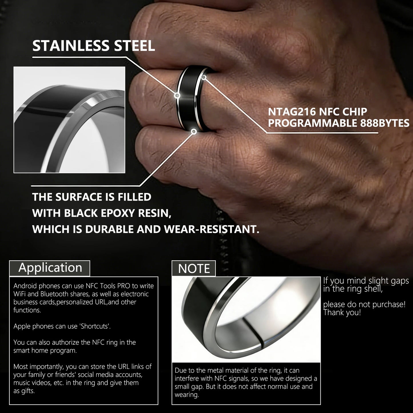 Stainless Steel Metal NFC Ntag216 Ring Programmable 888 Byte for Men and Women Wedding Ring,Can Write Anniversary Data ﻿
