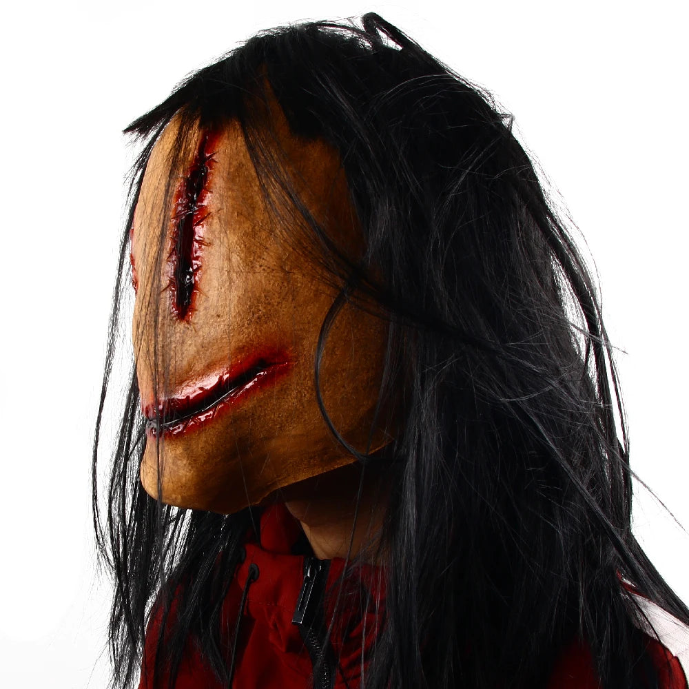 Halloween Horror Fancy Dress Party Mask Bloody lifelike Horror Smiley Cosplay Tricky Latex Pullover Mask With Hair Costume Props