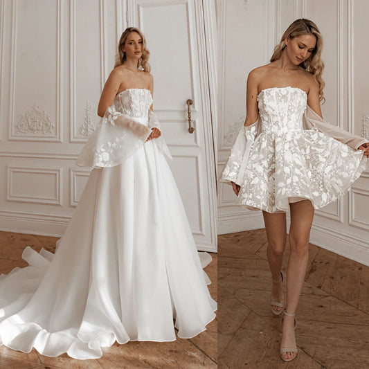 Customized Off Shoulder Two Pieces Wedding Dress Lace Applique Detachable Skirt 2in1 Style Versatile Design Bridal Dress