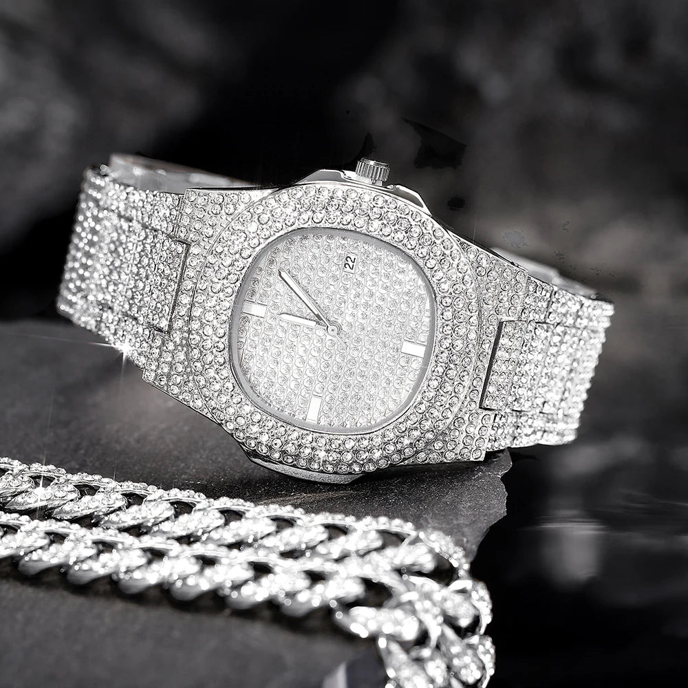 Iced Out Watch 3PCS Hip Hop Luxury Watches Jewelry Set Mens Women Watch Necklace Bracelet Bling Cuban Link Chain Choker Gift