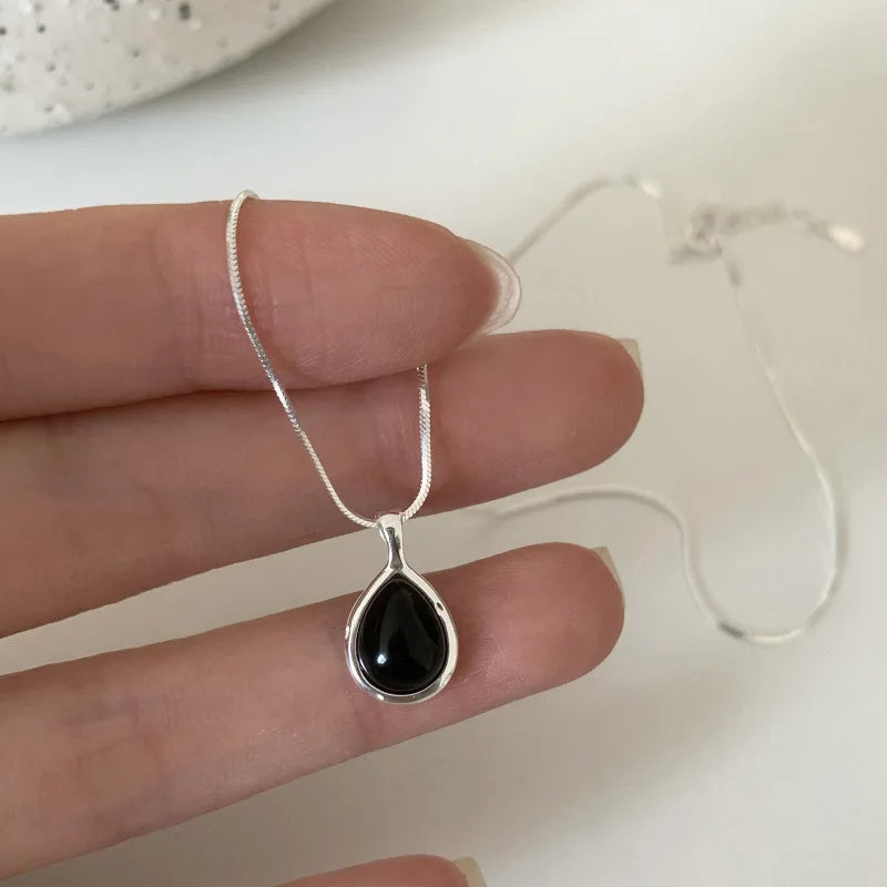 VENTFILLE  925 Sterling Silver Black Agate Necklace for Women Girl Snake Bone Chain Water Drop Jewelry Gift Dropshipping