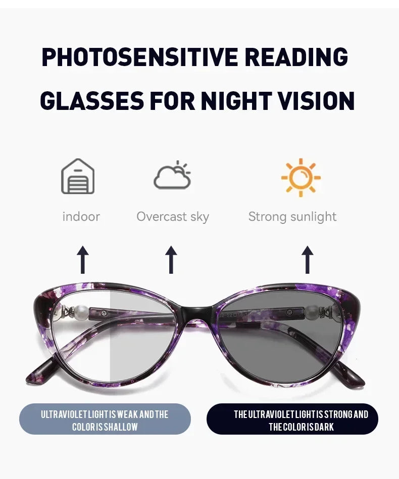 Cat Eye Finished Progressive Multifocal Reading Glasses Unisex Women Men Outdoor Color Changing Bifocal Eyewear Diopter To +4.0