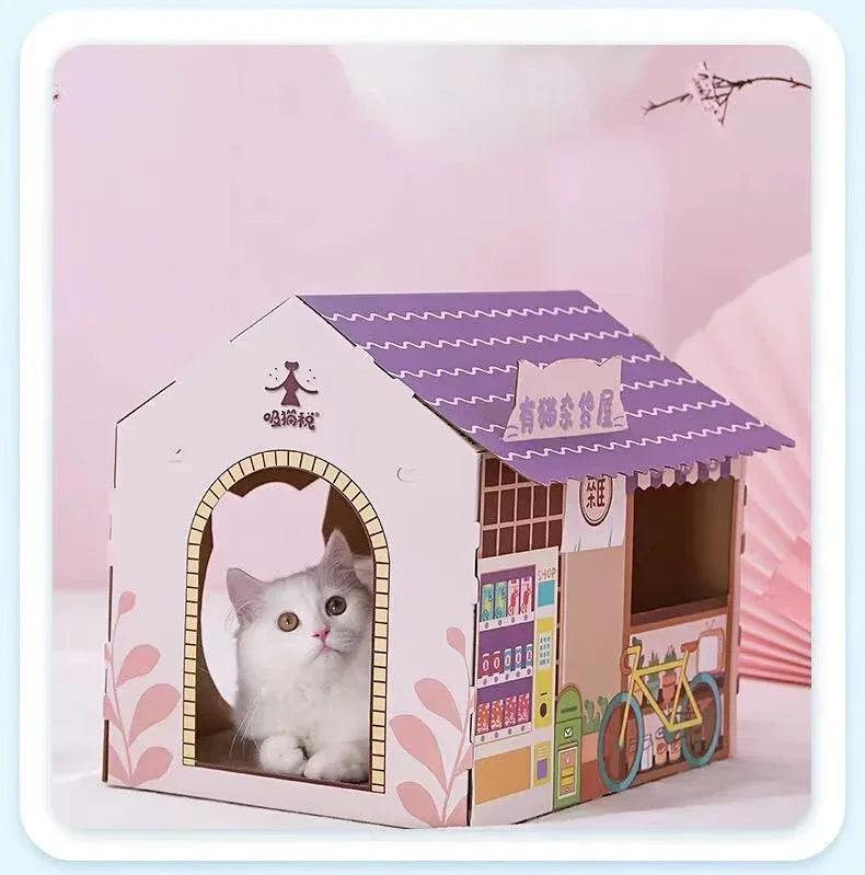 Removable Cat House Corrugated Stratching Post Toy Scratcher Cardboard Scraper for Cats Kitten Scratch Sleeping Bed
