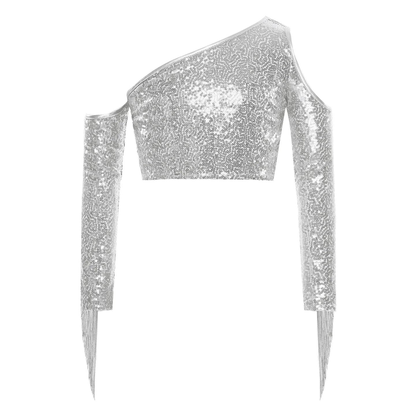 Children's One Shoulder Tassels Tops Streetwear Kids Girls Sequins Crop Top T-shirts Fashion Shiny Stage Performance Costume