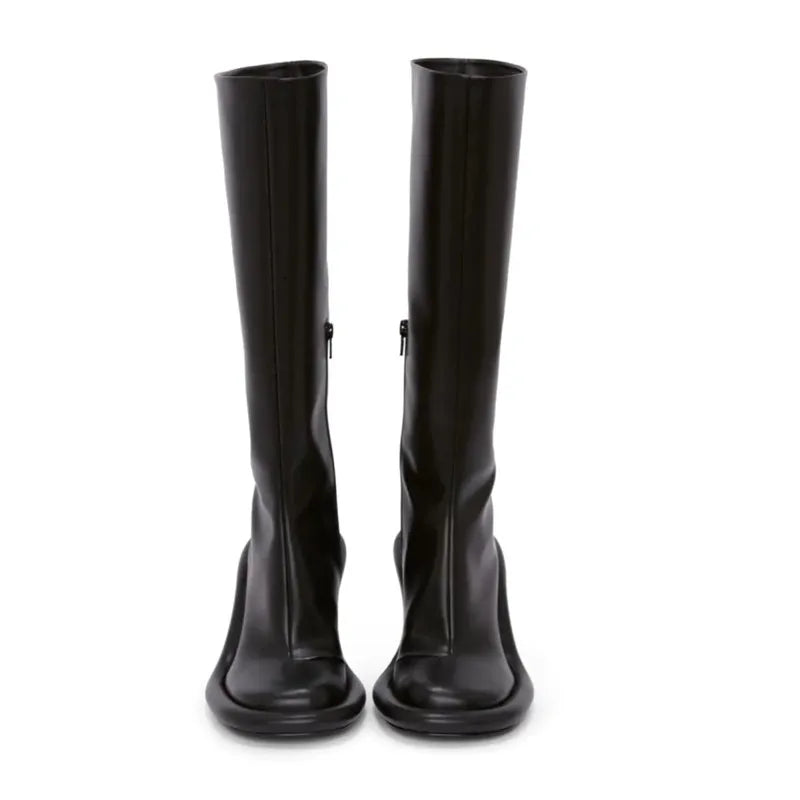 2025Women's New Slim High-heeled Knee High Boots with Side Zipper Round Toe 34-43 Large Mid Length Boots