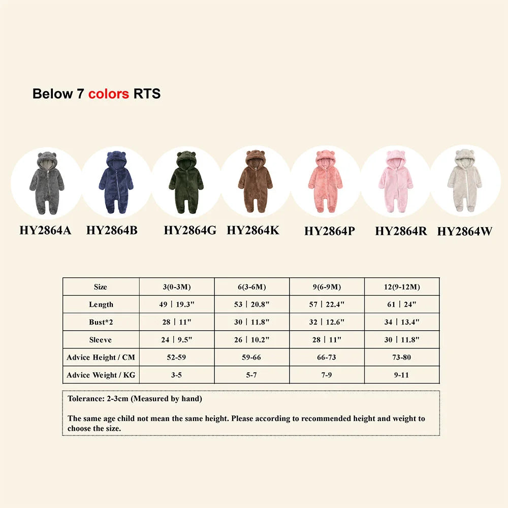 2026 Winter Baby Rompers Infant Fleece Bear Hooded Onesies Newborn Baby Boy Girl Zipper Jumpsuit Bodysuit Pyjamas