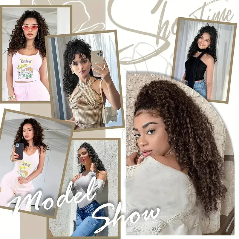Synthetic 18Inch Long Kinky Curly Ponytail Drawstring Clip in Hair Extension Puff Afro Black Brown Hairpiece for Women