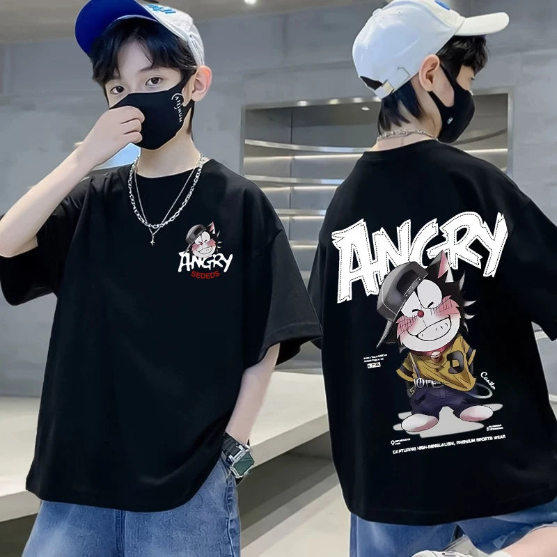 Summer 100% Cotton Boys Blue T-shirt Cool Graffiti Printed Girls Tees Short Sleeve Children Tops High Quality Kids Clothes 2024