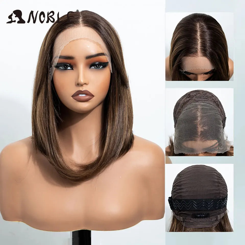 Noble 13x4 Synthetic Lace Front Wigs For Women Short Bob Wig With Bangs Pre Plucked Hairline Heat Resistan Ombre Blonde Lace Wig