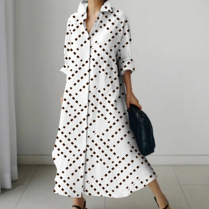 Women's Shirt Dress 2023 Trendy Patchwork Vintage Spot Print Shirt Fall Out Office Dress Loose Casual Lapel Pocket S-5Xl