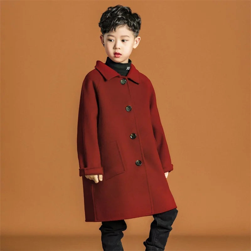 Boys Woolen Coat Overcoat Jacket Windbreak 2024 Red Warm Plus Thicken Autumn Winter Cotton School Children's Clothing