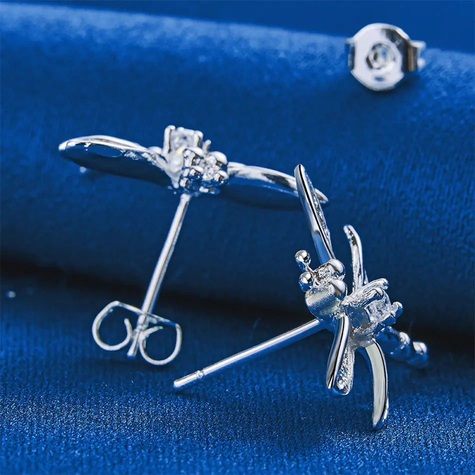 925 Sterling Silver Exquisite Dragonfly Zircon Stud Earrings for Women Fashion Wedding Gift Party Accessories Jewelry