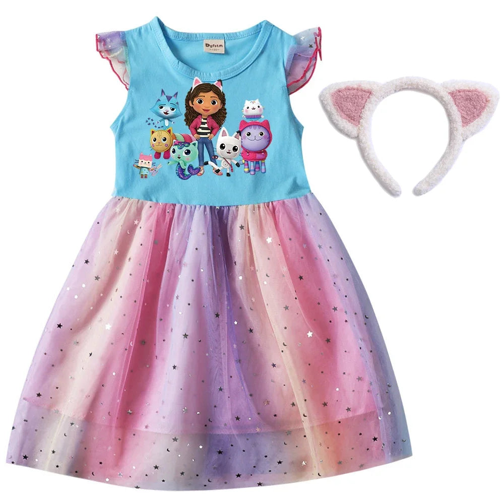 2024 Girls Summer Dresses Gabbys Dollhouse Girls Cat Tastic Costumes Kawaii Kids Birthday Party Princess Dress with Headwear Bag