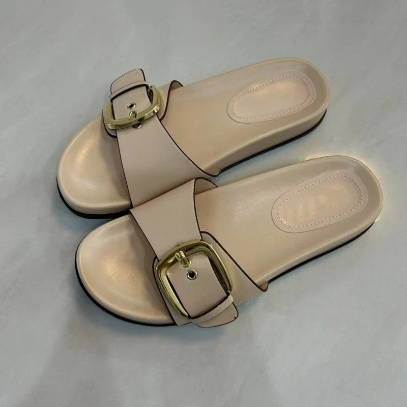 Summer Comfortable Moccasin Flat Sandals Women Sexy Open Toe Buckle Design Brand Beach Slippers Big Size Thick Bottom Slippers