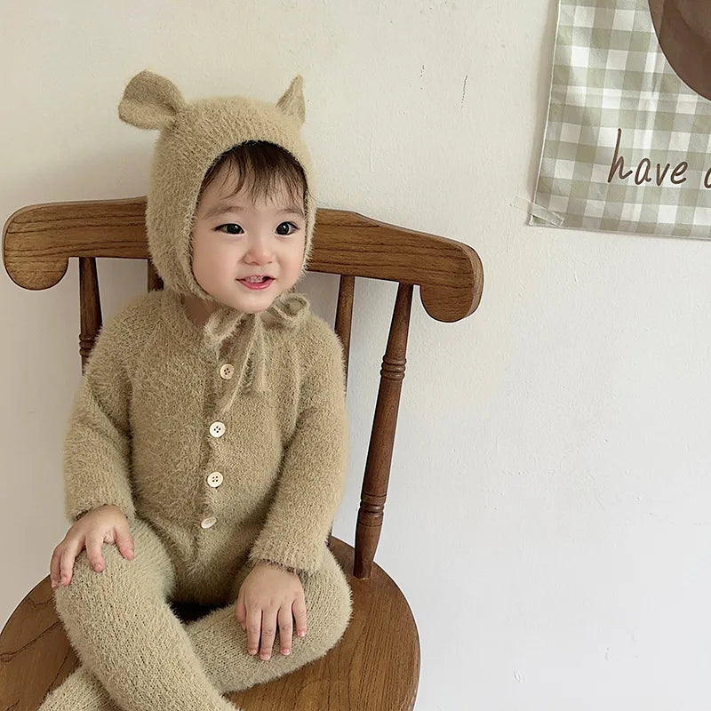 Newborn Baby Mink Fur Romper with Hood Cute Bear Animal Ear Footed Onesie Winter Warm Jumpsuit for 0-2 Years