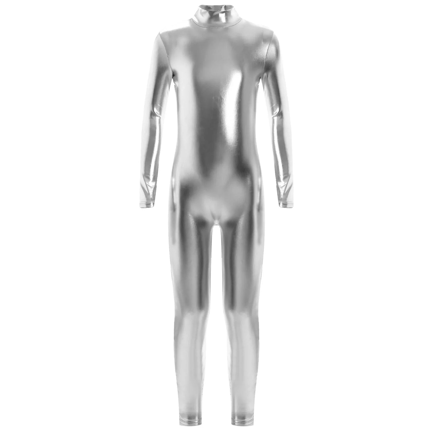 Kids Boys Girls Dance Metallic Jumpsuit Children's Gymnastics Bodysuit Performance Costume Long Sleeve Full Length Leotard