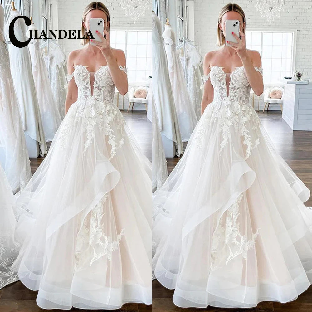 CHANDELA Off The Shoulder Princess Beach Wedding Dress For Women 2025 Sleeveless Bride Ruffles Bridal Gown Vestidos Customised