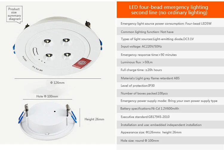 Recessed Mounted 4Leds 5W Emergency Lamp 90minutes Duration IP30 Fire-retardant LED DownlIghts