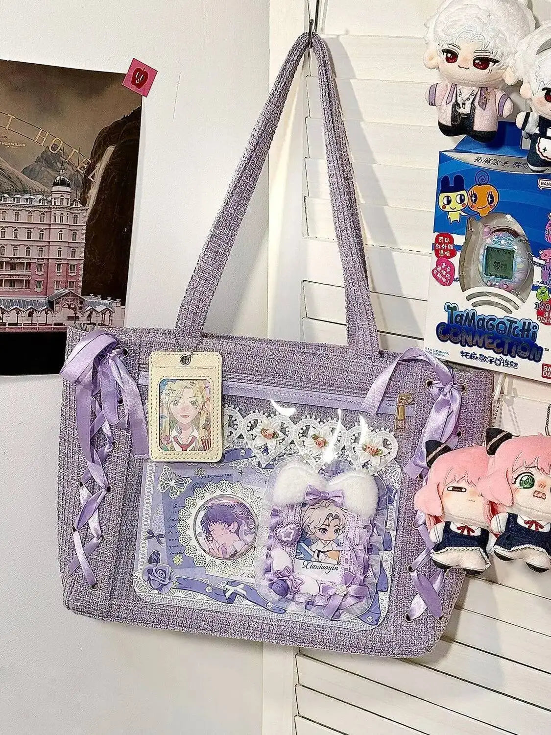 New Y2K Ribbon Bow Japanese Ita Shoulder Bag Cute Girl Transparent Pocket Large Capacity Crossbody Tote Bag DIY Display Handbags