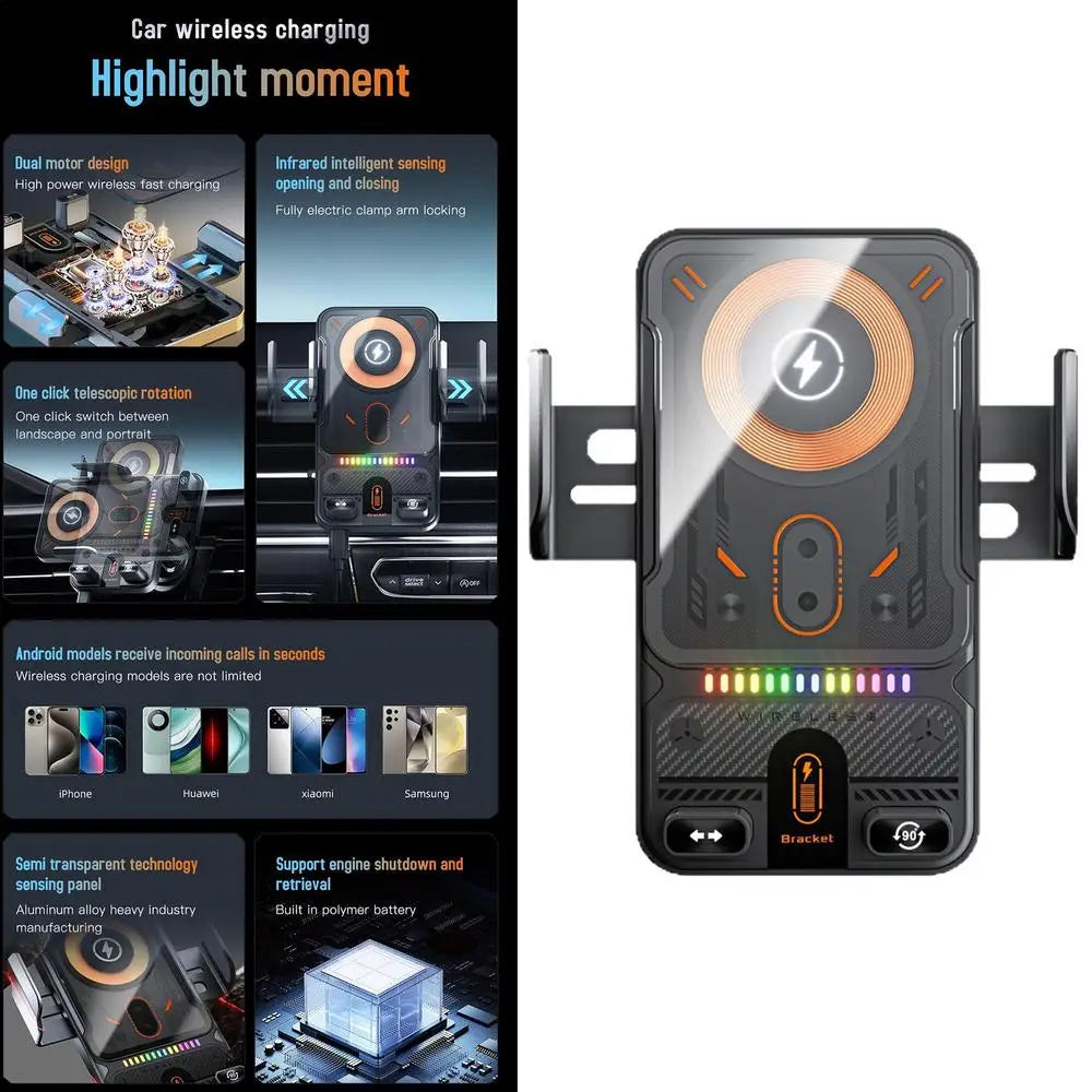 General Car Air Vent Electric Rotating Opening Closing Phone Holder 15W Wireless Charger Dualed Coil Smart Phones Fast Charging